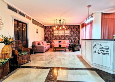 Recepción del Hotel Playa del Carmen en Barbate con zona de descanso