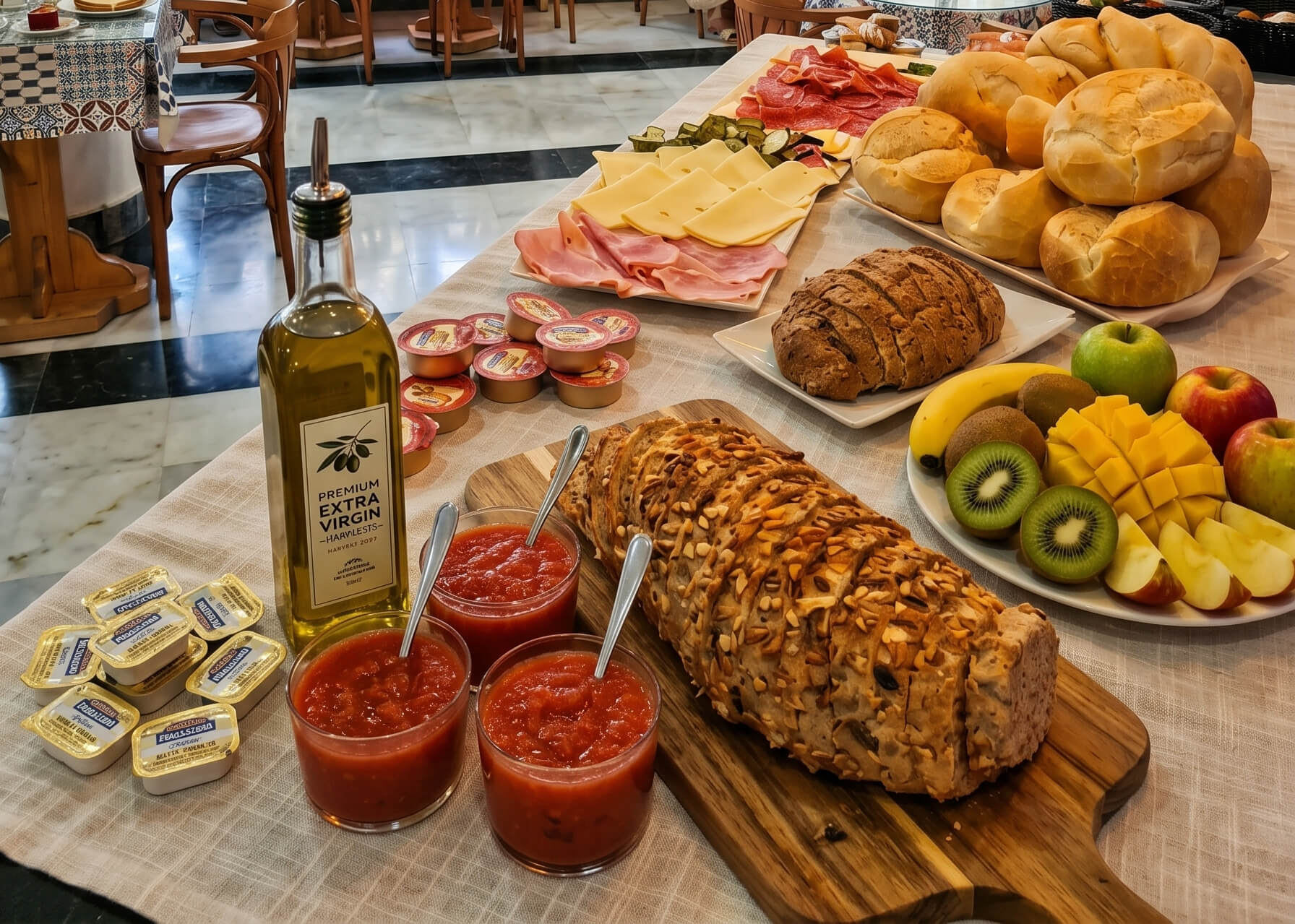 Mesa bien surtida de comida en la cafetería